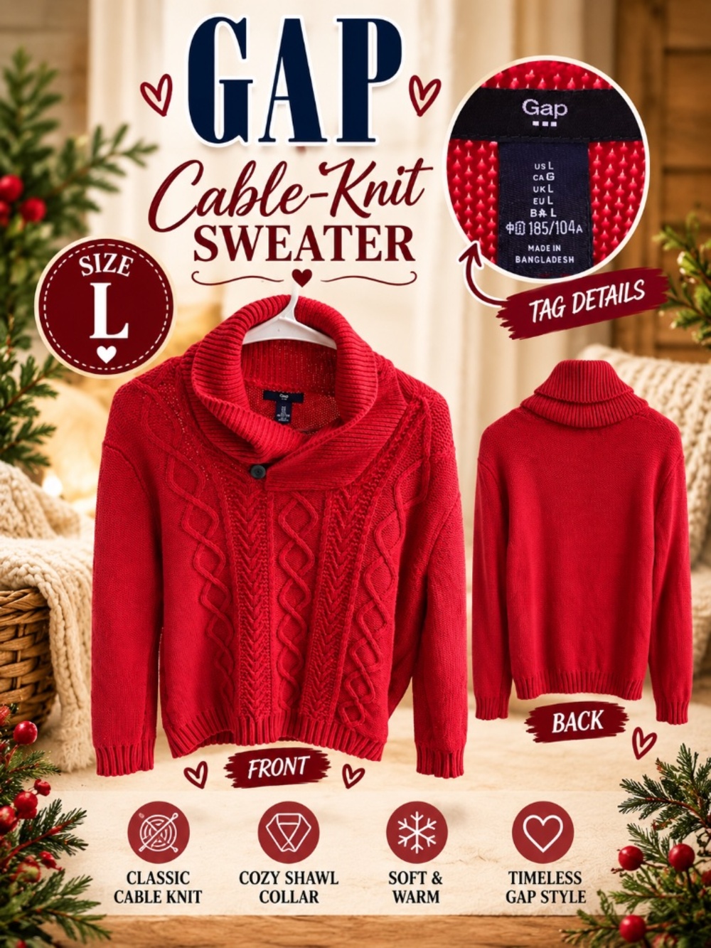GAP Red Cable Knit Shawl Collar Sweater Size L Cozy Old School